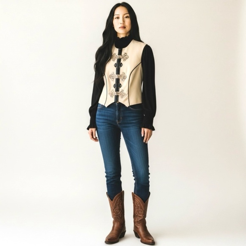 Hobby Horse Cream Leather Trim Studded Western Vest XS Boho Western Luxe